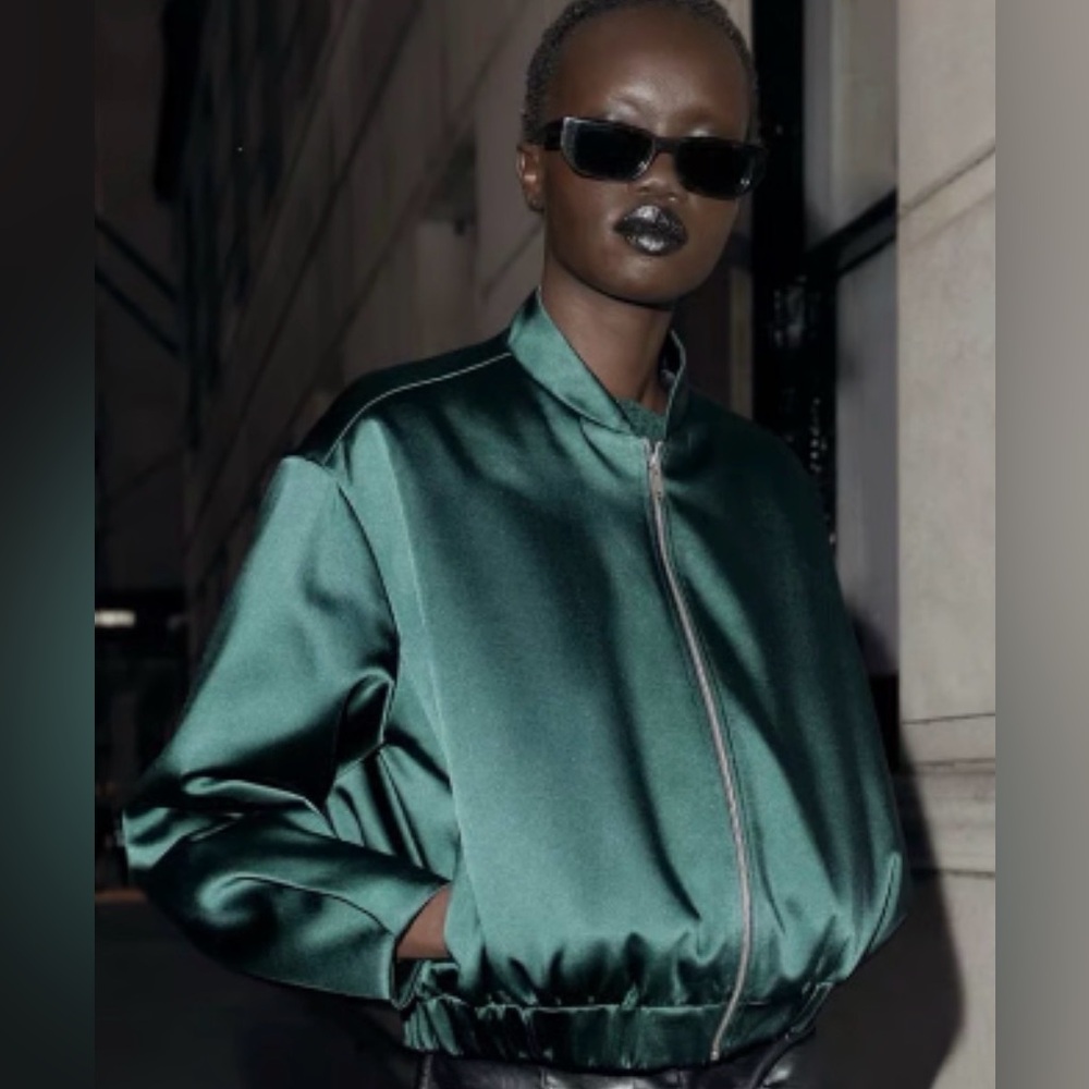 Zara Satin Green Bomber Jacket - Picture 4 of 5